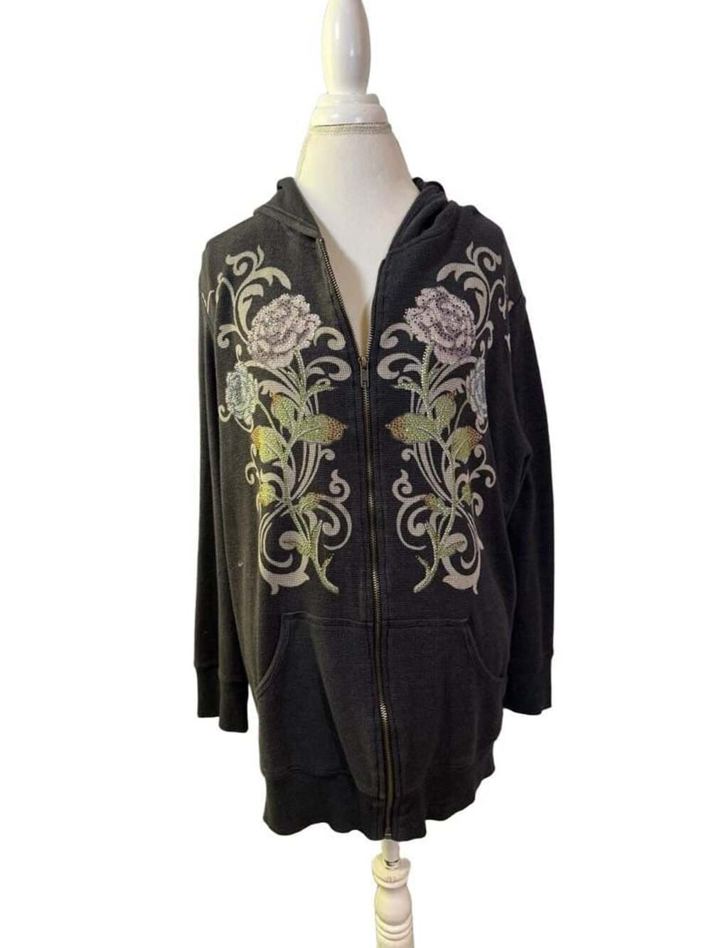 Avenue Glam Hoodie Plus Size 26/28 Dark Gray Zip Up Rhinestone Floral Jacket